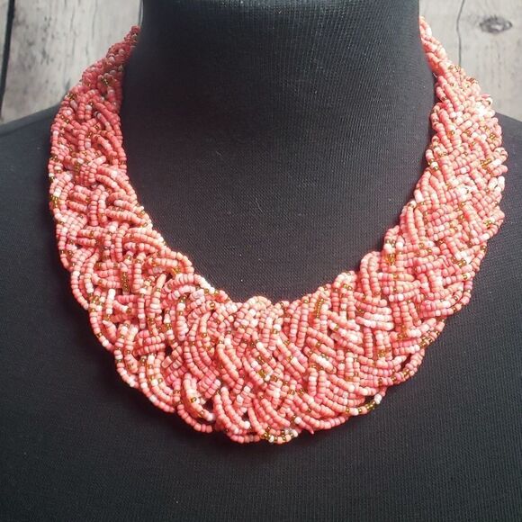 Pink Bead Braided Bohemian Style Necklace - Picture 1 of 5
